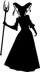 Black silhouette of a witch in a flowing gown and fantasy hairstyle, holding a trident like pitchfork. Perfect for Halloween, fantasy, or dark magic-themed graphic design projects.