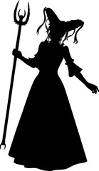 Black silhouette of a witch in a flowing gown and fantasy hairstyle, holding a trident like pitchfork. Perfect for Halloween, fantasy, or dark magic-themed graphic design projects.