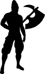 Black silhouette of a muscular warrior in a powerful stance, holding a large battle axe over his shoulder. Ideal for game art, fantasy themes, or designs requiring strength and action.