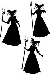 Black silhouette of a witch in a flowing gown and fantasy hairstyle, holding a trident like pitchfork. Perfect for Halloween, fantasy, or dark magic-themed graphic design projects.