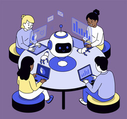 Diverse people work on gadgets around a table with a smiling robot assistant, surrounded by data charts and icons. Ideal for abstract, teamwork, or modern office design concepts.