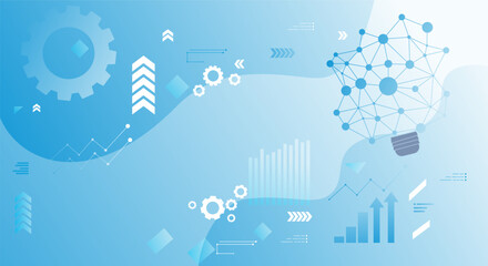 Abstract blue gradient background features a central glowing neural network hub connected to icons like brain, gears, rocket, and magnifier. High tech electronics board digital technology.