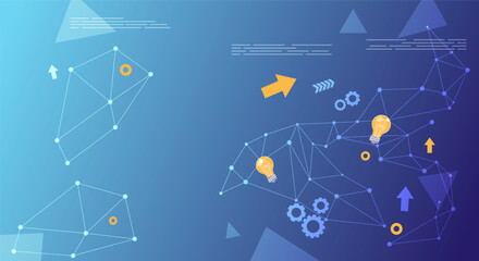 Abstract blue gradient background features a central glowing neural network hub connected to icons like brain, gears, rocket, and magnifier. High tech electronics board digital technology.
