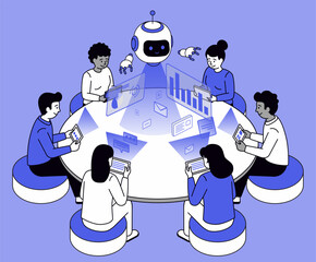 Diverse people work on gadgets around a table with a smiling robot assistant, surrounded by data charts and icons. Ideal for abstract, teamwork, or modern office design concepts.