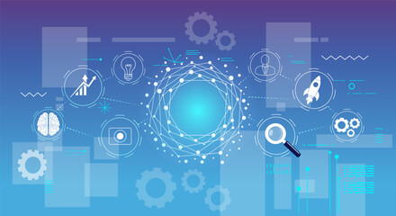 Abstract blue gradient background features a central glowing neural network hub connected to icons like brain, gears, rocket, and magnifier. High tech electronics board digital technology.