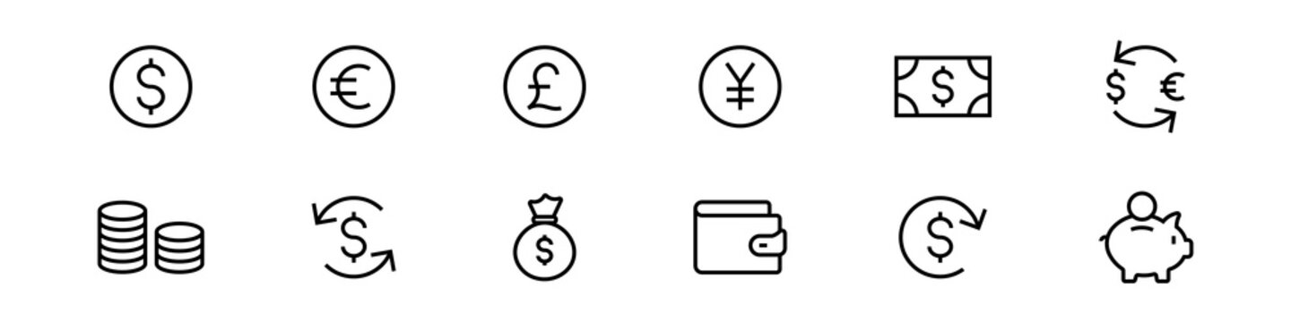 Currency and finance line icon set with money symbols, exchange, wallet, cash, savings, transactions, and financial savings for banking and fintech apps. thin line icon set collection. editable stroke
