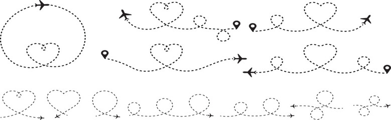 Hand drawn dashed flight path with airplane and heart doodle icons. Cute travel route line collection in thin outline style. Decorative journey trail elements for map and design layout. © IT park