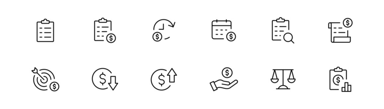 Business Finance Outline Icon Set : budget planning line icons set with document analytics tax, financial data, budgeting, investments, business growth tracking and banking symbols. stroke editable