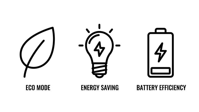 Icons for eco mode, energy saving lightbulb with lightning bolt, and battery efficiency, symbolizing sustainability.