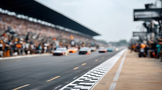 Cars speed by on a race track with a biomass plant in the background under a clear blue sky on a sunny race day.