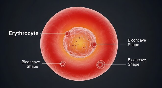Detailed illustration of an erythrocyte, also known as a red blood cell, highlighting its biconcave shape and internal structure.