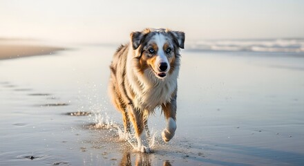 A beautiful Australian Shepherd dog with blue eyes running on a wet sandy beach towards the camera during sunrise or sunset.