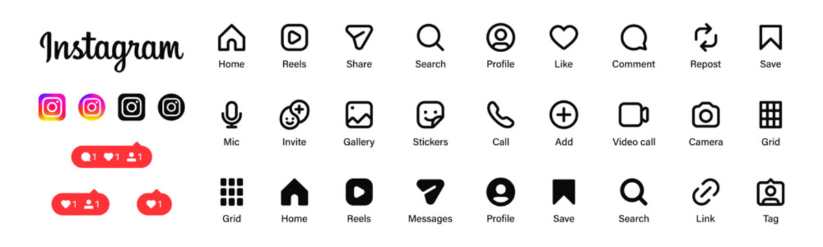 instagram icons. social media notification icon in speech bubble like, comment, follower, icons, instagram ui app interface icon set. home, search, reel, shop, profile, share, save. instagram counter