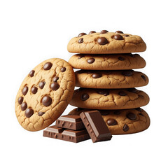 A stack of chocolate chip cookies isolated on transparent background with chocolate pieces