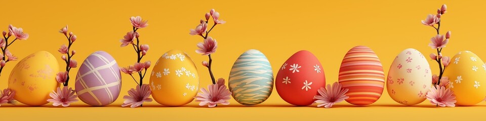 Fototapeta premium Colorful Easter eggs celebrating spring holiday with blooming flowers. Easter wallpaper. Bright Easter eggs and blossoming branches creating a festive spring holiday scene on a yellow background