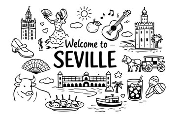 Naklejka premium Hand drawn doodle set of Seville travel landmarks and Spanish culture symbols