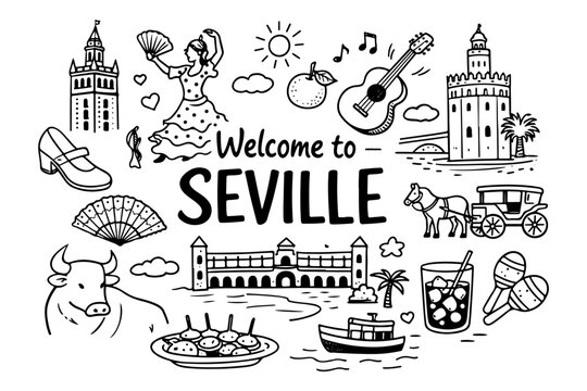 Hand drawn doodle set of Seville travel landmarks and Spanish culture symbols