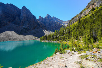 Obraz premium Lake Agnes, a glacier lake sitting above Lake Louise near Banff in the Canadian Rockies of Alberta, Canada
