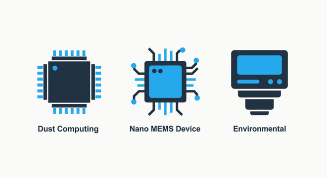Modern flat icons for advanced computing and environmental technology: dust computing, nano MEMS device, and environmental monitoring sensor.