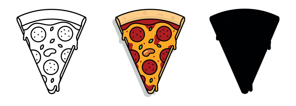 Top view vector icons of a pepperoni pizza slice with herbs, presented in line art, vibrant color, and silhouette styles.