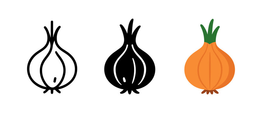 Minimalist onion icons set: line art, silhouette, and flat design
