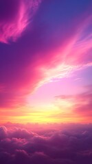 Obraz premium An expansive view above the clouds showcases a beautiful sky painted with deep purple, pink, and golden yellow