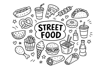 Hand drawn doodle set of street food and fast food icons in line art style