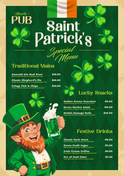 St. Patrick's Day pub menu template with cheerful leprechaun and Irish green beer.