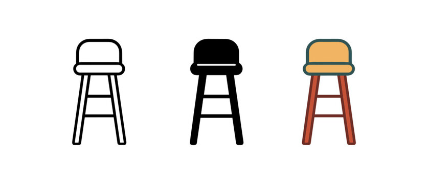 Bar stool icon set in linear, silhouette, and color styles
