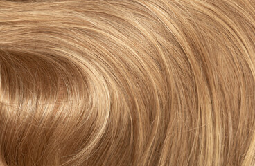 Fototapeta premium Blond hair close-up as a background. Women's long blonde hair. Beautifully styled wavy shiny curls. Hair coloring. Hairdressing procedures, extension.