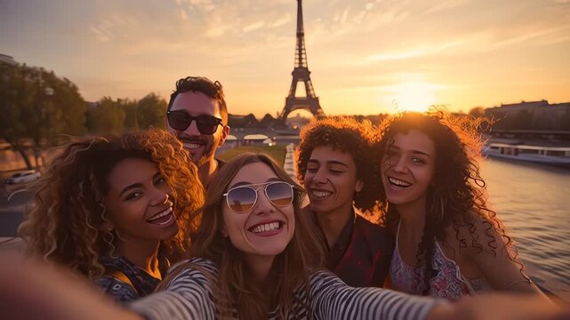 Friends Taking Selfie Eiffel Tower Sunset Paris Travel