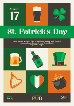 St. Patrick's Day party poster template with traditional Irish symbols in flat design style.