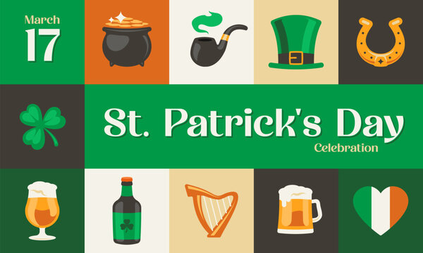 St. Patrick's Day party poster template with traditional Irish symbols in flat design style.