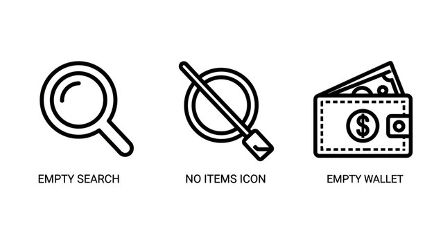 Empty State and No Result Icons for User Interface, Showing Empty Search, No Items, and Insufficient Funds
