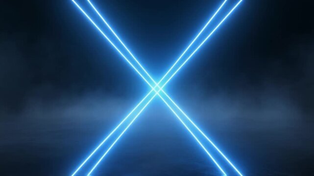 Crossing blue laser beams forming x shapes bright center glow neon haze seamless futuristic surreal ambience cascading softly glowing abstract unique style ultra realistic loop