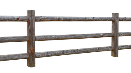 Rustic wooden fence with three rails isolated on transparent background, weathered and aged, farm style