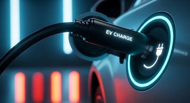 Electric vehicle charging station with glowing blue light and a connected charging plug