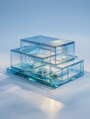 Fototapeta premium Transparent architectural model of a modern multi-level house showcasing minimalist design and spacious interior layouts in a soft blue lighting environment
