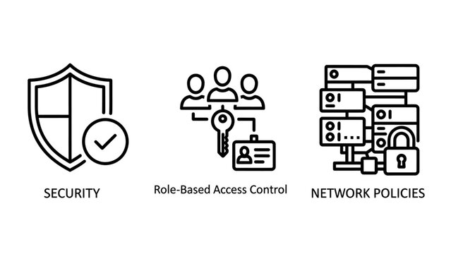 Robust Cybersecurity and Access Management Icons: Shield with Checkmark, Role-Based Access Control, and Network Policies for Data Security
