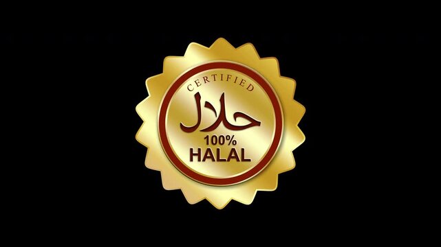 4K animation of a gold halal logo stamp. Motion graphic of a food certificate approved for Muslims. With alpha channel or transparent background.