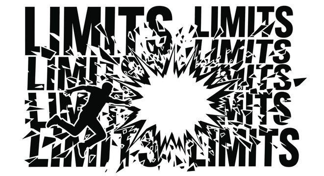 Conceptual image of human figure breaking through word limits representing freedom and overcoming challenges
