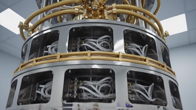 Future of computation. Close up of gold-plated quantum computer components and intricate wiring. Use for AI and deep science concepts.