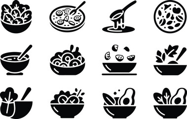 Black and white icons of various noodle dishes and bowls of food