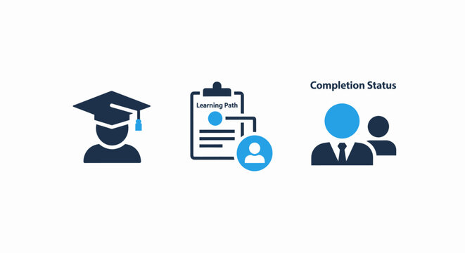 E-learning and corporate training icons for graduation hat, student learning path, and employee course completion status.