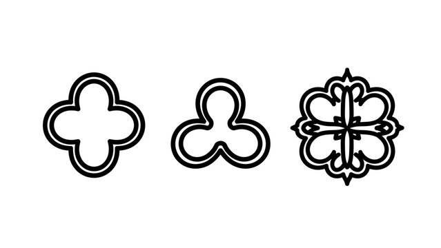 Set of geometric floral line icons featuring stylized three and four-leaf clovers and a complex symmetric mandala flower emblem for branding and decor.