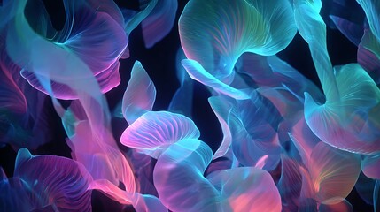 Obraz premium Neon glowing jellyfish swim in dark water with vibrant pink and blue bioluminescence abstract marine background