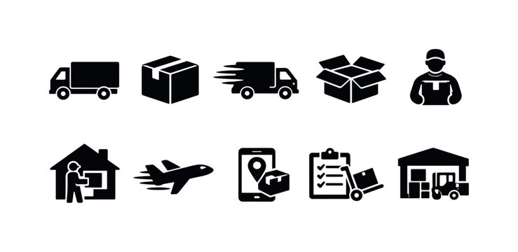 Logistics and delivery solid icon set. Shipping, transportation, package icons collection