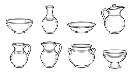 Obraz premium A collection of various ancient pottery and ceramic vessels in different shapes and sizes. Vector