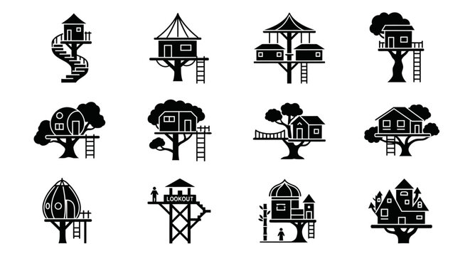 A unique collection of twelve black silhouette icons featuring different conceptual treehouse designs. Each icon presents a distinct architectural form, from suspended and spiral-access treehouses