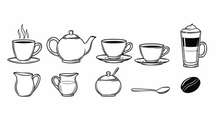 Fototapeta premium A variety of tea and coffee items including cups, teapots, and a coffee bean. Vector